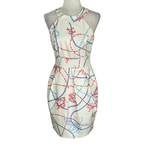 J. McLaughlin Firenza Silk Cream Coral Chain Print Halter Mini Column Dress - 2 - Picture 1 of 12